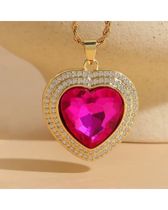 Rose Red Zircon Heart Shape Titanium Steel Copper 14K Gold Plated Pendant Necklace