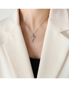 Sweet Heart Shape Titanium Steel Inlay Zircon Pendant Necklace-Steel Color-Pink