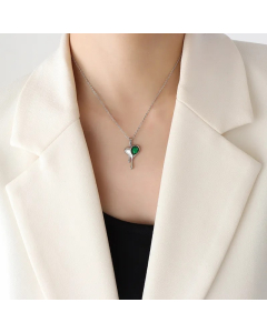 Sweet Heart Shape Titanium Steel Inlay Zircon Pendant Necklace-Steel Color-Green