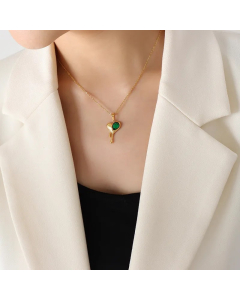 Sweet Heart Shape Titanium Steel Inlay Zircon Pendant Necklace-Gold Color-Green