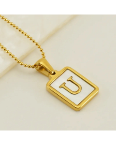 Letter U Stainless Steel Plating Inlay Shell 18K Gold Plated Pendant Necklace