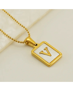 Letter V Stainless Steel Plating Inlay Shell 18K Gold Plated Pendant Necklace