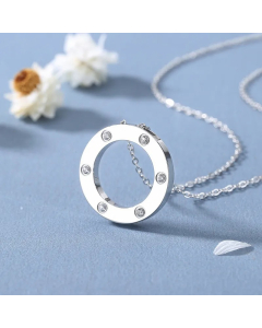 Steel Color Circle Titanium Steel Polishing Plating Inlay Rhinestones 18K Gold Plated Pendant Necklace