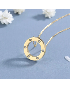 Gold Color Circle Titanium Steel Polishing Plating Inlay Rhinestones 18K Gold Plated Pendant Necklace