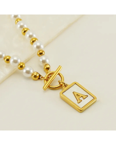Letter A Stainless Steel Pearl Plating Inlay Shell 18K Gold Plated Pendant Necklace