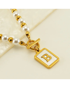 Letter B Stainless Steel Pearl Plating Inlay Shell 18K Gold Plated Pendant Necklace