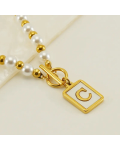 Letter C Stainless Steel Pearl Plating Inlay Shell 18K Gold Plated Pendant Necklace