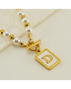 Letter D Stainless Steel Pearl Plating Inlay Shell 18K Gold Plated Pendant Necklace