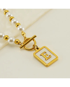 Letter E Stainless Steel Pearl Plating Inlay Shell 18K Gold Plated Pendant Necklace