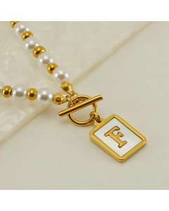 Letter F Stainless Steel Pearl Plating Inlay Shell 18K Gold Plated Pendant Necklace