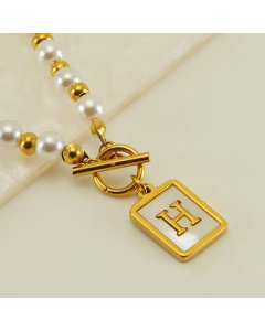 Letter H Stainless Steel Pearl Plating Inlay Shell 18K Gold Plated Pendant Necklace