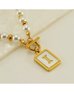 Letter I Stainless Steel Pearl Plating Inlay Shell 18K Gold Plated Pendant Necklace