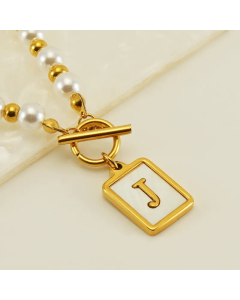 Letter J Stainless Steel Pearl Plating Inlay Shell 18K Gold Plated Pendant Necklace
