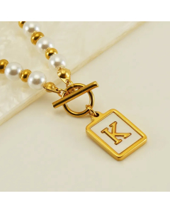 Letter K Stainless Steel Pearl Plating Inlay Shell 18K Gold Plated Pendant Necklace