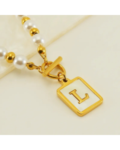 Letter L Stainless Steel Pearl Plating Inlay Shell 18K Gold Plated Pendant Necklace