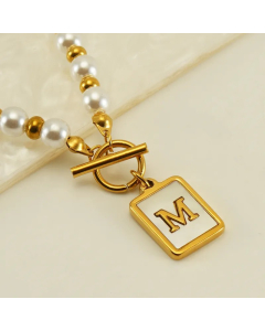 Letter M Stainless Steel Pearl Plating Inlay Shell 18K Gold Plated Pendant Necklace