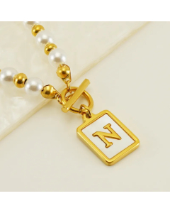 Letter N Stainless Steel Pearl Plating Inlay Shell 18K Gold Plated Pendant Necklace