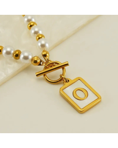 Letter O Stainless Steel Pearl Plating Inlay Shell 18K Gold Plated Pendant Necklace
