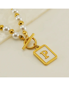 Letter P Stainless Steel Pearl Plating Inlay Shell 18K Gold Plated Pendant Necklace