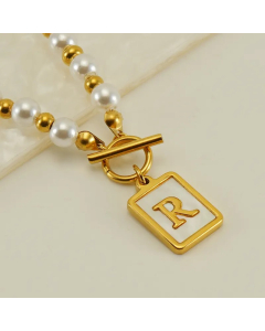 Letter R Stainless Steel Pearl Plating Inlay Shell 18K Gold Plated Pendant Necklace