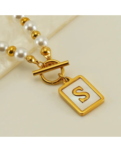 Letter S Stainless Steel Pearl Plating Inlay Shell 18K Gold Plated Pendant Necklace