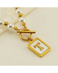 Letter T Stainless Steel Pearl Plating Inlay Shell 18K Gold Plated Pendant Necklace
