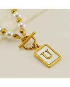 Letter U Stainless Steel Pearl Plating Inlay Shell 18K Gold Plated Pendant Necklace
