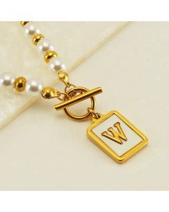 Letter W Stainless Steel Pearl Plating Inlay Shell 18K Gold Plated Pendant Necklace