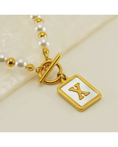 Letter X Stainless Steel Pearl Plating Inlay Shell 18K Gold Plated Pendant Necklace