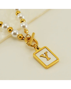 Letter Y Stainless Steel Pearl Plating Inlay Shell 18K Gold Plated Pendant Necklace