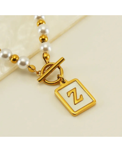Letter Z Stainless Steel Pearl Plating Inlay Shell 18K Gold Plated Pendant Necklace