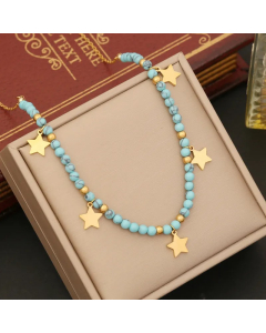 Bohemian Star Eye Butterfly Stainless Steel Turquoise Beaded Pendant Necklace