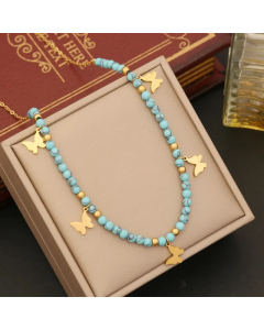 Bohemian Star Eye Butterfly Stainless Steel Turquoise Beaded Pendant Necklace