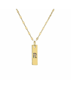 Letter R Rectangle Stainless Steel Copper Plating Inlay Zircon Gold Plated Pendant Necklace