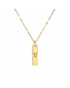 Letter V Rectangle Stainless Steel Copper Plating Inlay Zircon Gold Plated Pendant Necklace