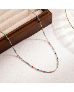 Vacation Round Stainless Steel Enamel 18K Gold Plated Necklace-Steel Color-11
