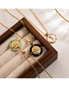 IG Style Retro Round Rose Stainless Steel Seed Bead Shell 18K Gold Plated Pendant Necklace