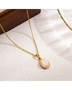 Fashion Water Droplets Stainless Steel Patchwork Imitation Opal 18K Gold Plated Pendant Necklace