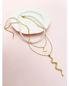 Casual Hip-Hop Sector Snake Stainless Steel Enamel Pearl Plating Gold Plated Layered Necklaces_colorza_1