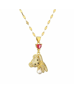 Cartoon Style Cute Little Bear Stainless Steel Copper Plating Inlay Pearl Zircon Gold Plated Pendant Necklace