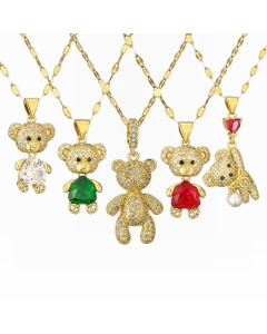 Cartoon Style Cute Little Bear Stainless Steel Copper Plating Inlay Pearl Zircon Gold Plated Pendant Necklace