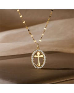 Casual Simple Style Cross Tree Stainless Steel Copper Plating Hollow Out Inlay Zircon Gold Plated Pendant Necklace