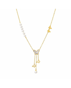 Vintage Style Sweet Butterfly Titanium Steel Beaded Plating Inlay Pearl Shell 18K Gold Plated Pendant Necklace