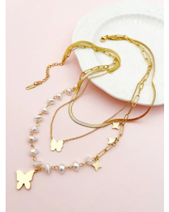 Casual Sweet Star Butterfly Stainless Steel Enamel Pearl Plating Gold Plated Layered Necklaces_colorza_1