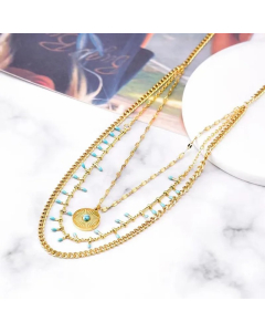 Retro Bohemian Geometric Eye Titanium Steel Plating Inlay Turquoise Layered Necklaces