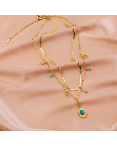 Retro Lady Streetwear Leaf Titanium Steel Plating Inlay Turquoise Layered Necklaces