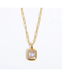 White Square Stainless Steel Inlay Zircon Pendant Necklace 