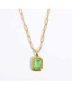 Green Square Stainless Steel Inlay Zircon Pendant Necklace 