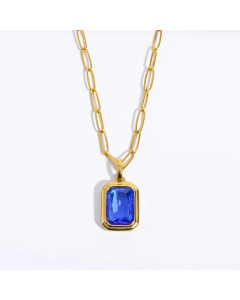 Blue Square Stainless Steel Inlay Zircon Pendant Necklace 