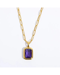 Purple Square Stainless Steel Inlay Zircon Pendant Necklace 